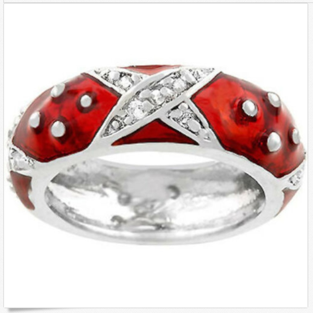 Silver Red Enamel Eternity Ring Size 9  Vintage Rhodium Plated Cubic Zirconia